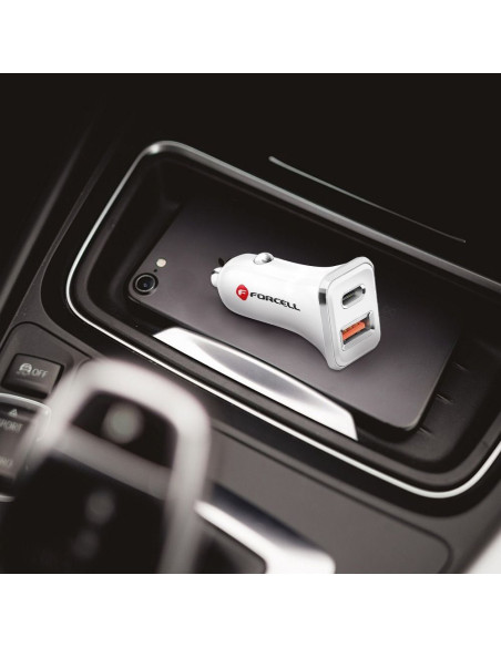 Chargeur voiture FORCELL USB 3.0 + USB C Quick Charging + Power Delivery PD20W 4A CC-QCPD01 blanc