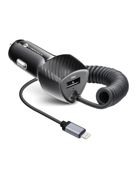 FORCELL CARBON chargeur voiture USB QC 3.0 18W + cable pour Apple Lightning 8-pin PD20W CC50-1AL noir (Total 38W)