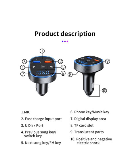 Transmetteur FM MP3 avec bluetooth 5.0 + lecteur de carte mémoire + 2xUSB QC3.0 BC57