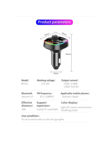 Transmetteur FM MP3 avec bluetooth 5.0 + lecteur de carte mémoire + 2xUSB QC3.0 BC52L