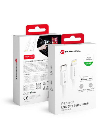 FORCELL câble Type C vers Lightning 8 broches MFi 3A/9V 30W (Max) C901 1m blanc