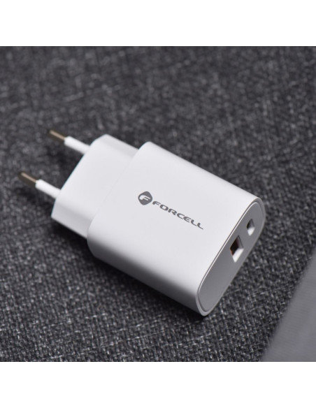 Chargeur réseau Forcell avec deux ports : USB C et USB A - 3A 30W avec fonction de charge PD et QC 4.0.