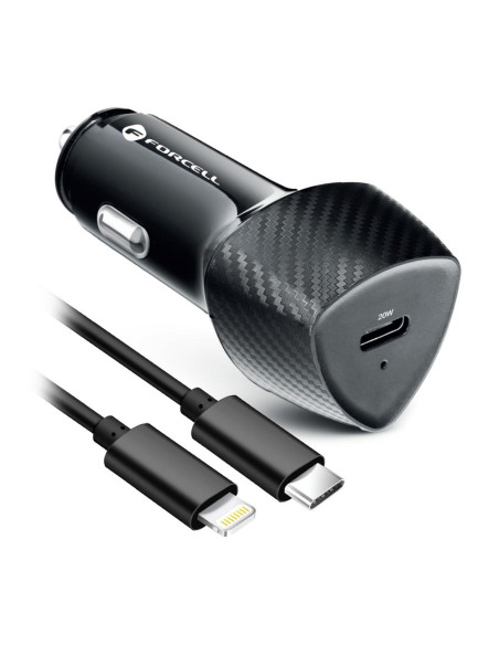 FORCELL CARBON chargeur de voiture Type C 3.0 PD20W CC50-1C (Total 20W) + câble pour Apple Lightning 8-pin PD20W