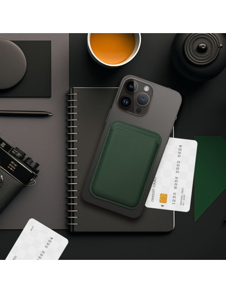 Portefeuille magnétique en cuir compatible avec MagSafe vert foncé