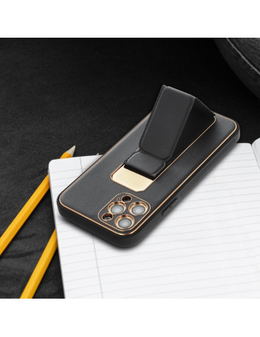Etui LEATHER Case Kickstand pour IPHONE 15 PLUS NOIR
