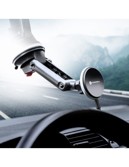 FORCELL Support voiture pour tableau de bord/verre avec charge par induction compatible avec MagSafe 15W HS2