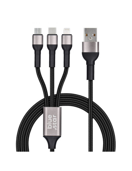 Câble 3-en-1 Blue Star avec connecteurs micro USB, USB C et Lightning